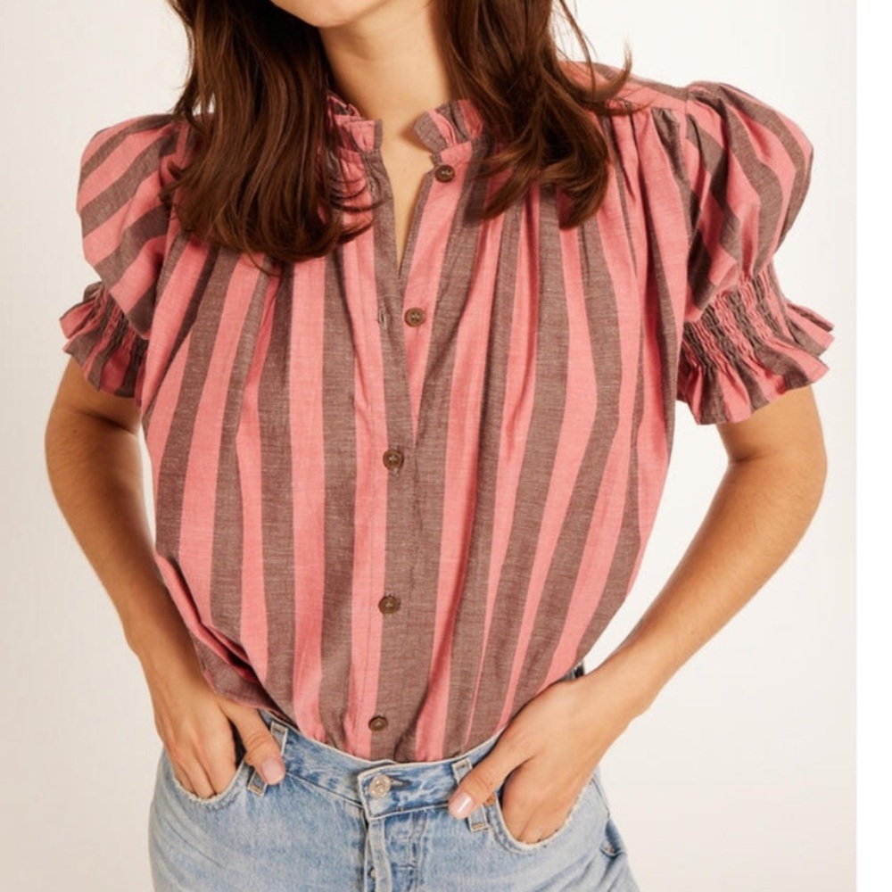Striped Pink and Taupe Puff-Sleeve Marnie Blouse